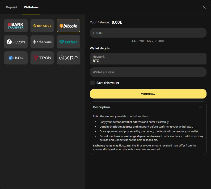 Donbet cashier withdrawal screen with Bitcoin selected