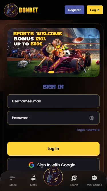 Donbet login screen with username and password fields