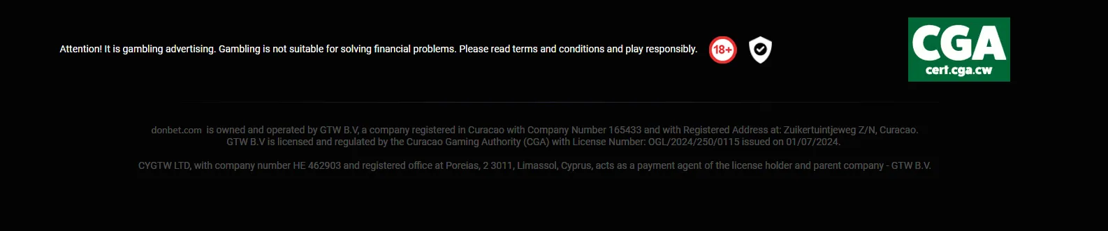 Donbet footer with Curacao Gaming Authority licence information