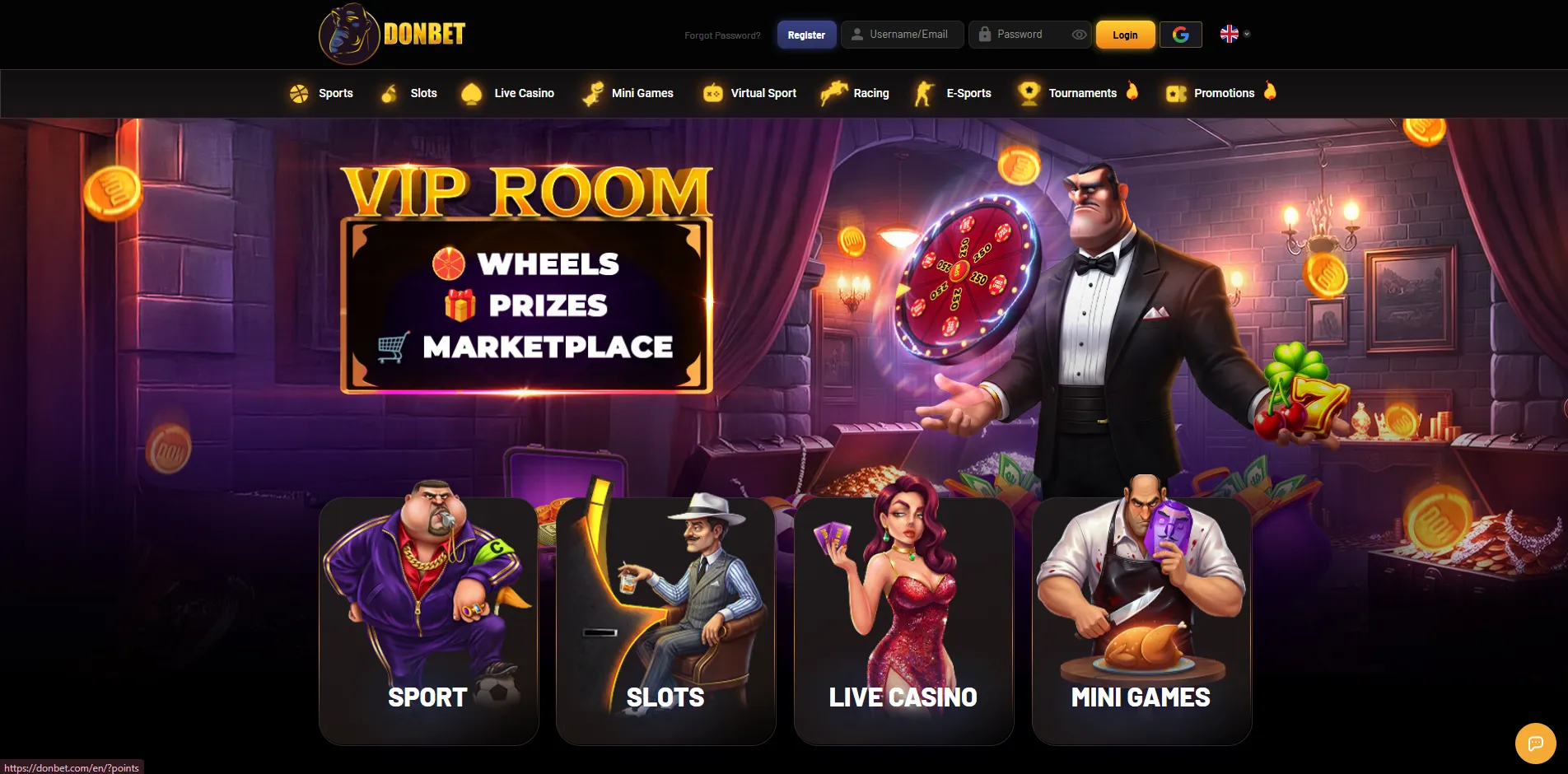 Donbet casino homepage lobby with VIP Room banner and game categories