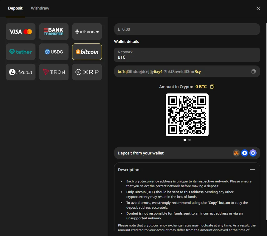Donbet cashier deposit screen with Bitcoin payment selected