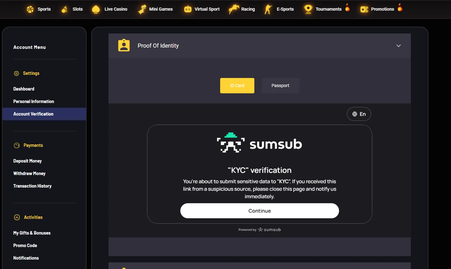 Donbet account verification KYC upload tab